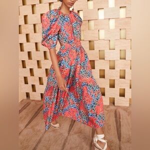 Ulla Johnson Coral and Blue Asymmetrical Floral Midi Dress